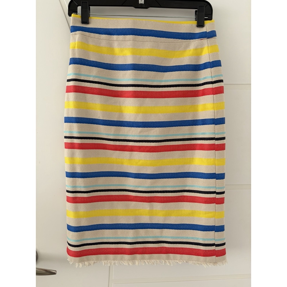 Women's J Crew Beige Bright Multicolor Stripes Fringe Pencil Coquette Skirt Sz 8